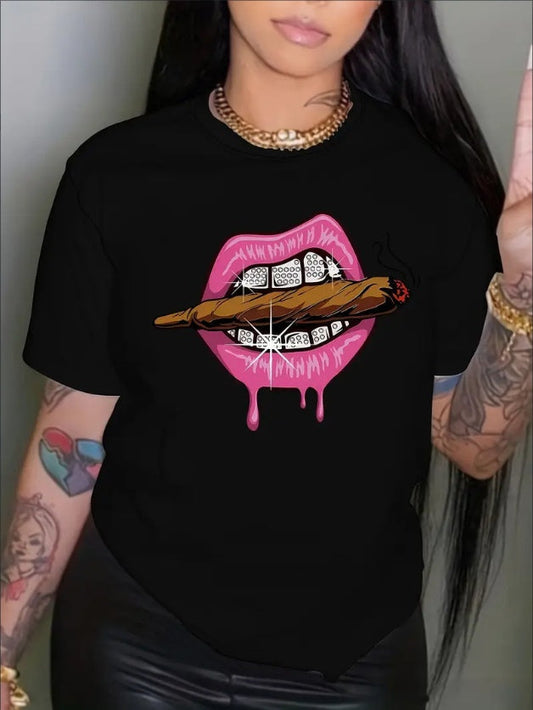 Women’s Lips Print Crew-Neck Tee FitiqueFit
