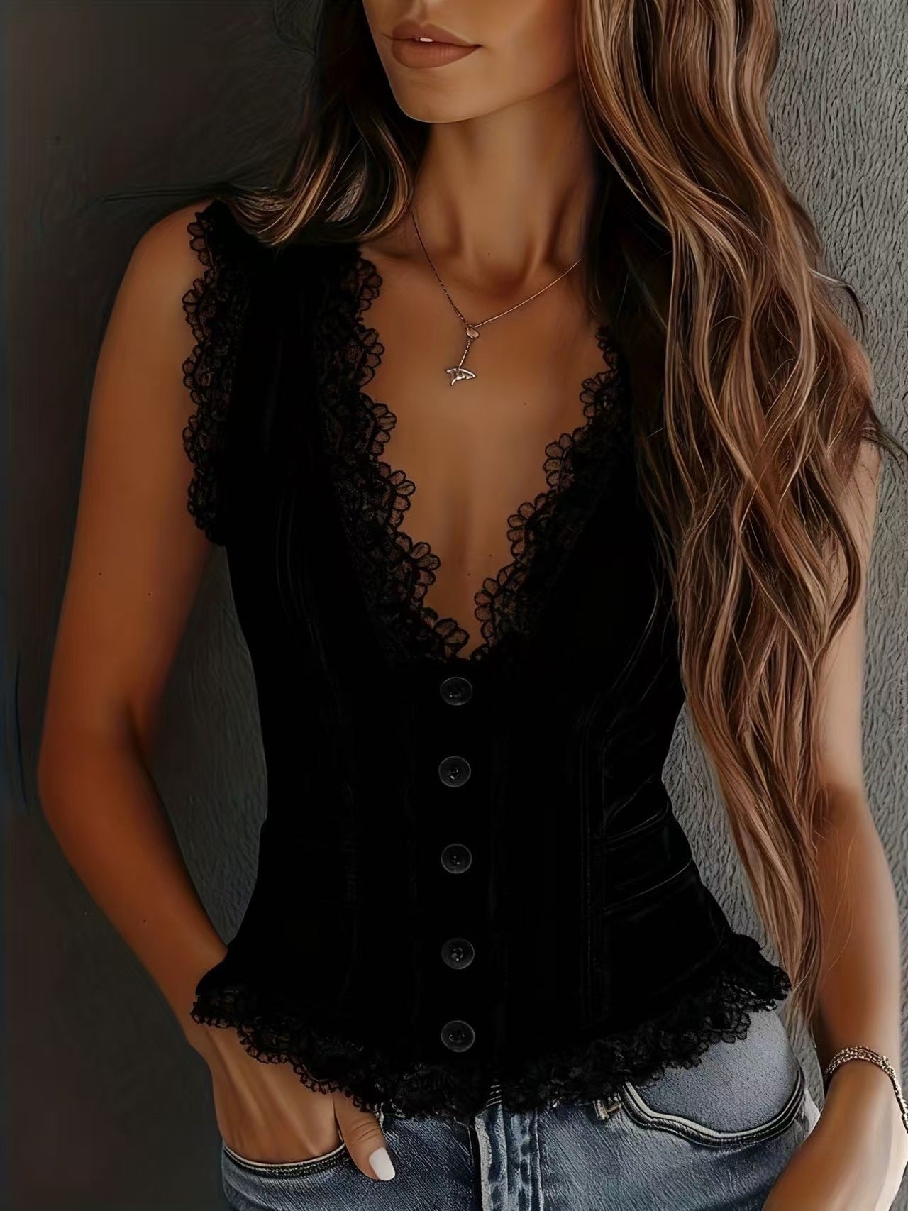 Lace Trim Button-Down Crop Tank Vest Women FitiqueFit