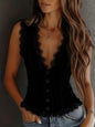 Lace Trim Button-Down Crop Tank Vest Women FitiqueFit