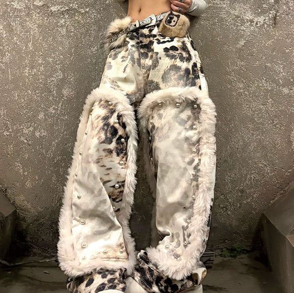 Womens American-Style Retro Leopard-Print Plush-Patchwork Denim Jeans See size chart under “more details” The Fashion Celestial