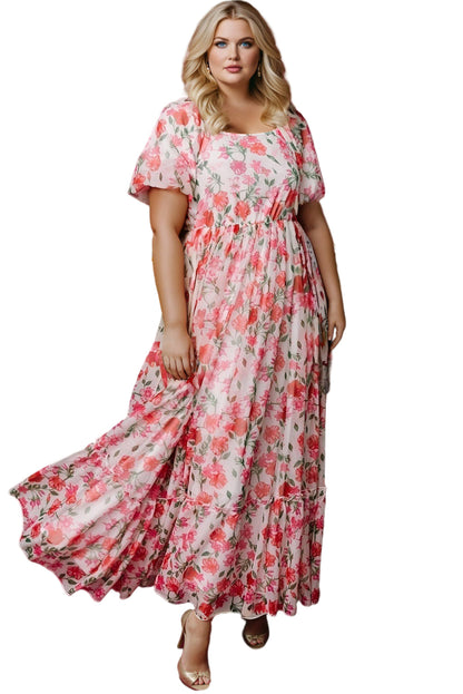 Pink Plus Size Floral Square Neck Puff Sleeve Ruffle Maxi Dress Garden Naked Curves
