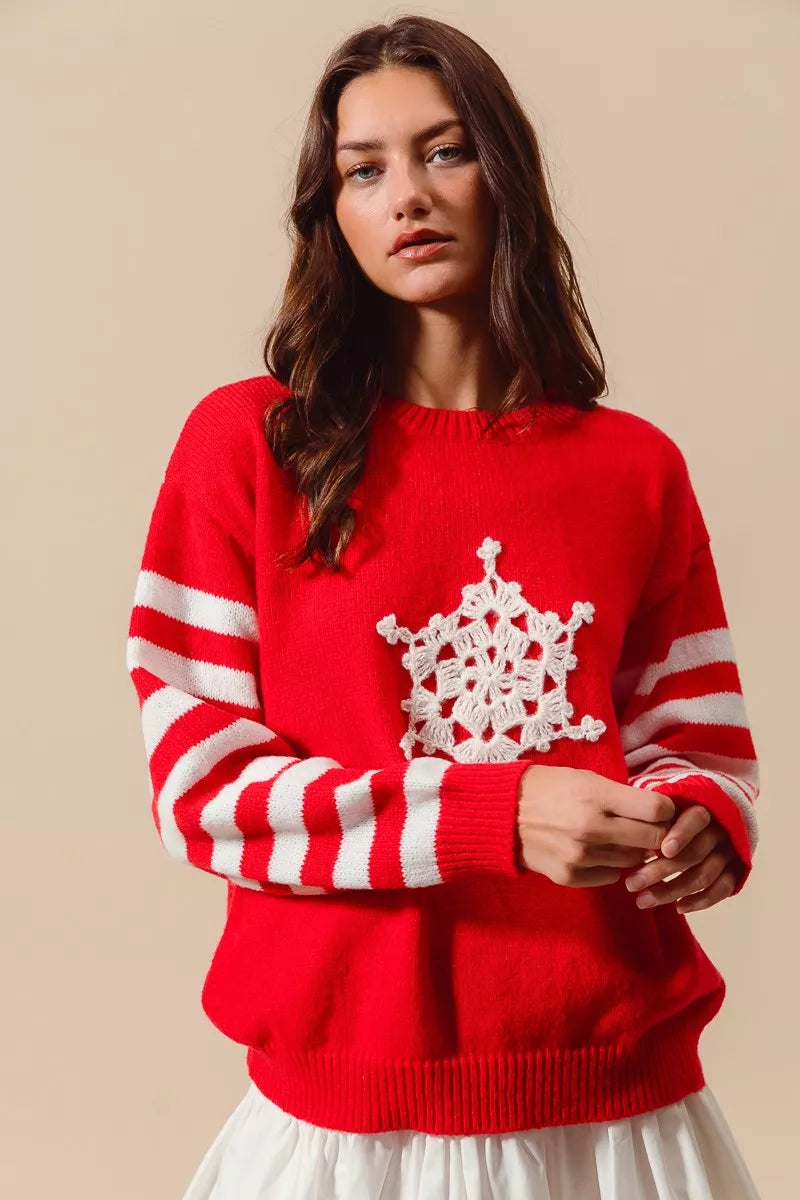 SO ME Christmas Snowflake Crochet Embellished Sweater West2East Surf