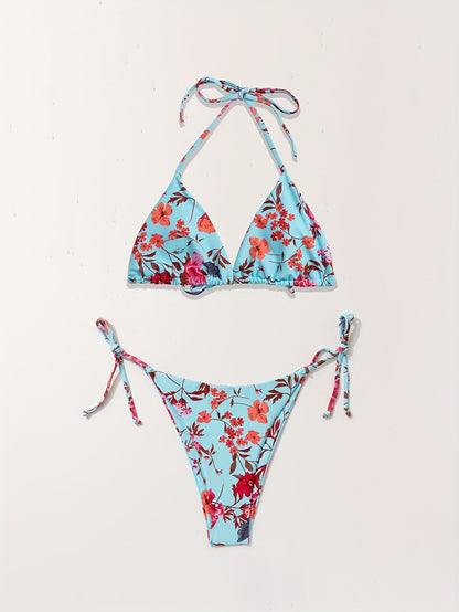 Bikini European Style Floral Print 3 Piece Swimsuit Set for Women – Sexy V Neck Bikini with Cross Strap Detail and Matching Long Sleeve Cover-Up – High Stretch Trendy Swimwear for Summer Beach Vacations Resort Looks and Poolside Fashion Stevvex
