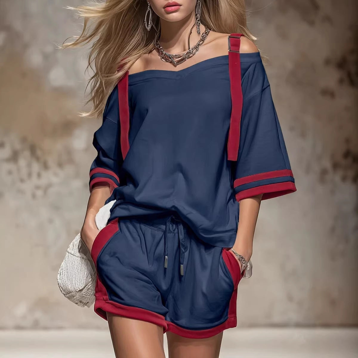 Women's Summer Contrast Color-Block Patchwork Shorts Set – 2-Piece FitiqueFit