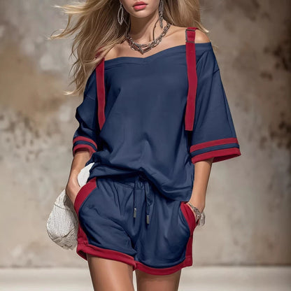 Women's Summer Contrast Color-Block Patchwork Shorts Set – 2-Piece FitiqueFit