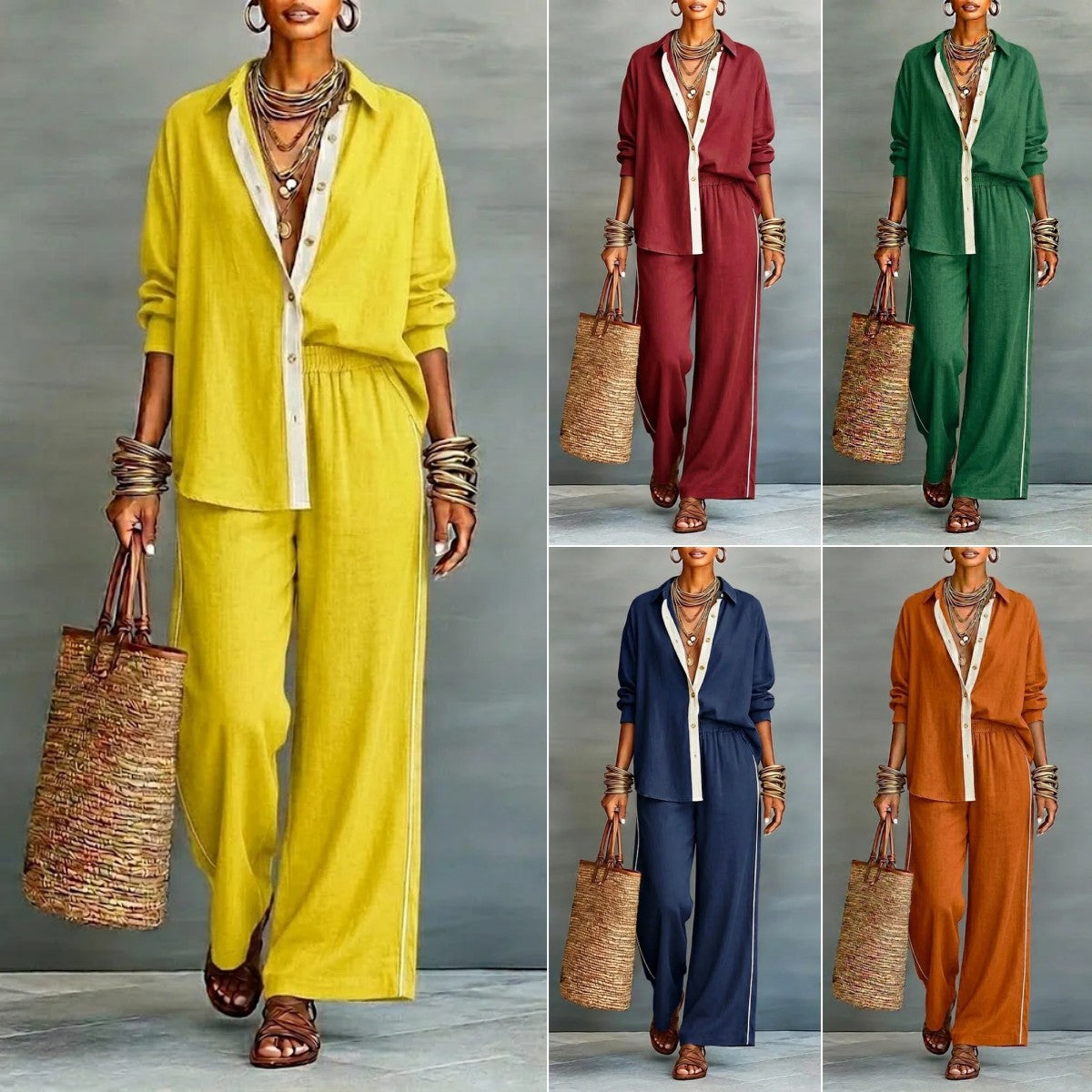 Contrast-Color Long-Sleeve Shirt & Pants Set – Two-Piece FitiqueFit