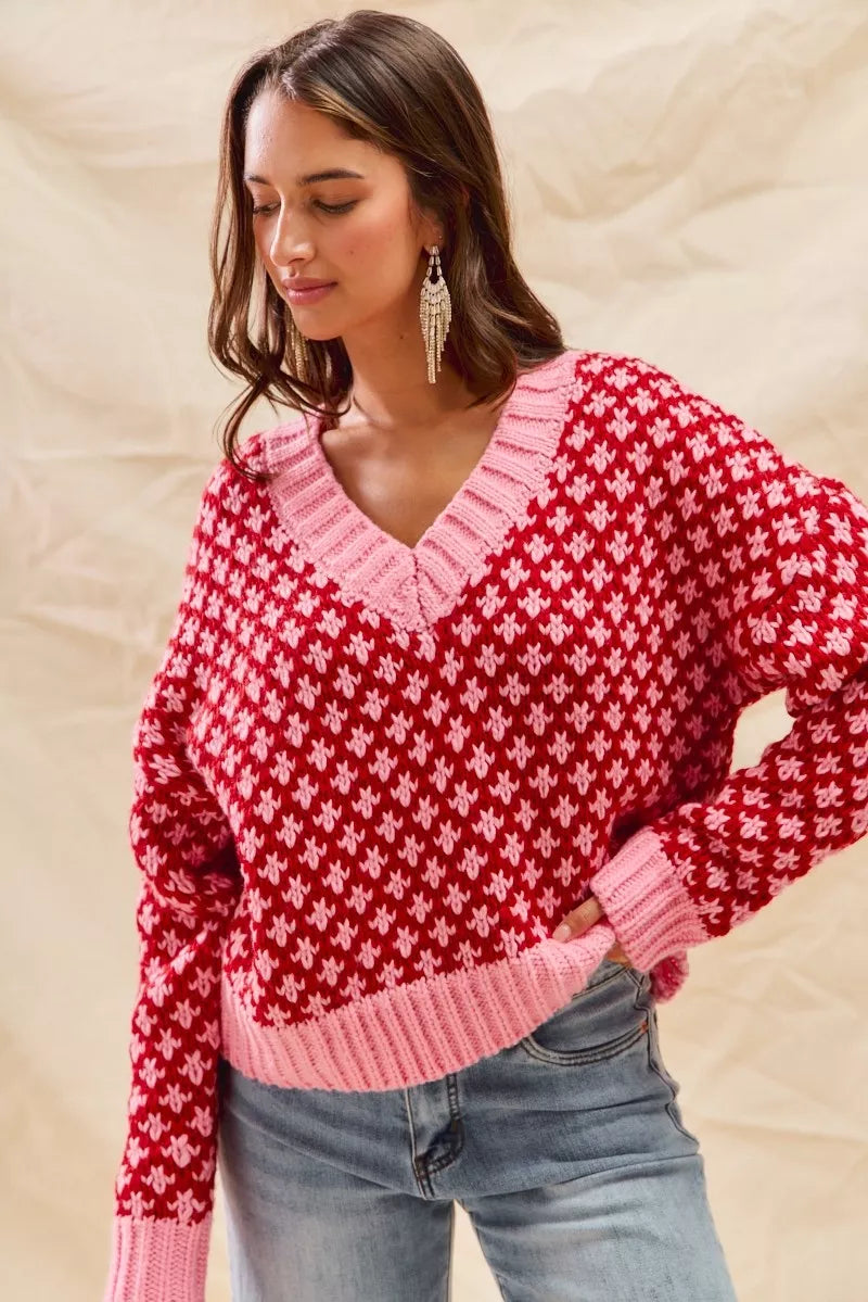 SO ME Color Block Textured Christmas Sweater V Neck Top FitiqueFit