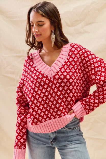 SO ME Color Block Textured Christmas Sweater V Neck Top FitiqueFit