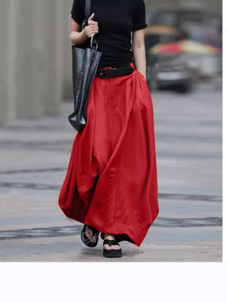 Women's High-Waist Flared Maxi Skirt – Solid Color Cotton Linen with Pockets FitiqueFit