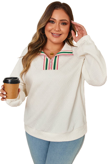 Beige Plus Size Rhombus Texture Contrast Striped Collar Baggy Sweatshirt Garden Naked Curves