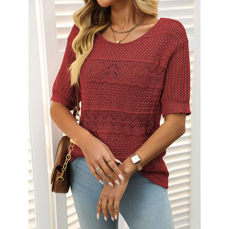 Women’s Short Sleeve Crochet Knit Hollow-Out Top FitiqueFit