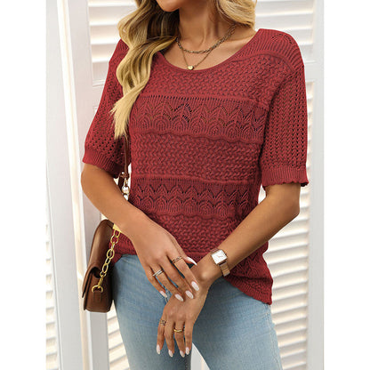 Women’s Short Sleeve Crochet Knit Hollow-Out Top FitiqueFit