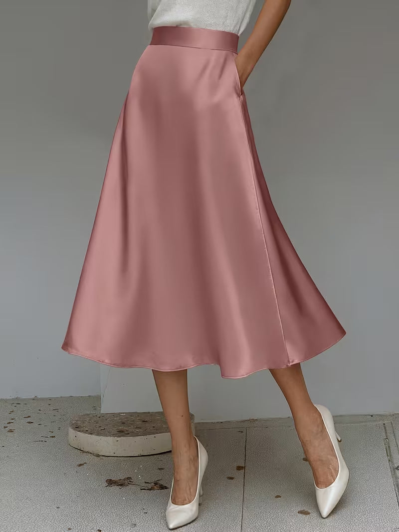 Women's Satin Solid Color Mid-Length Skirt – Slight Stretch FitiqueFit