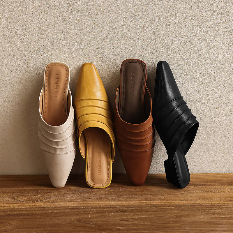 Handmade Sheepskin Ruched Mule Slides – Square Toe Low Heel FitiqueFit