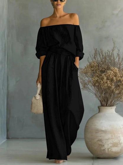 Women's Off-Shoulder Long-Sleeve Top & Wide-Leg Pants Two-Piece Set FitiqueFit