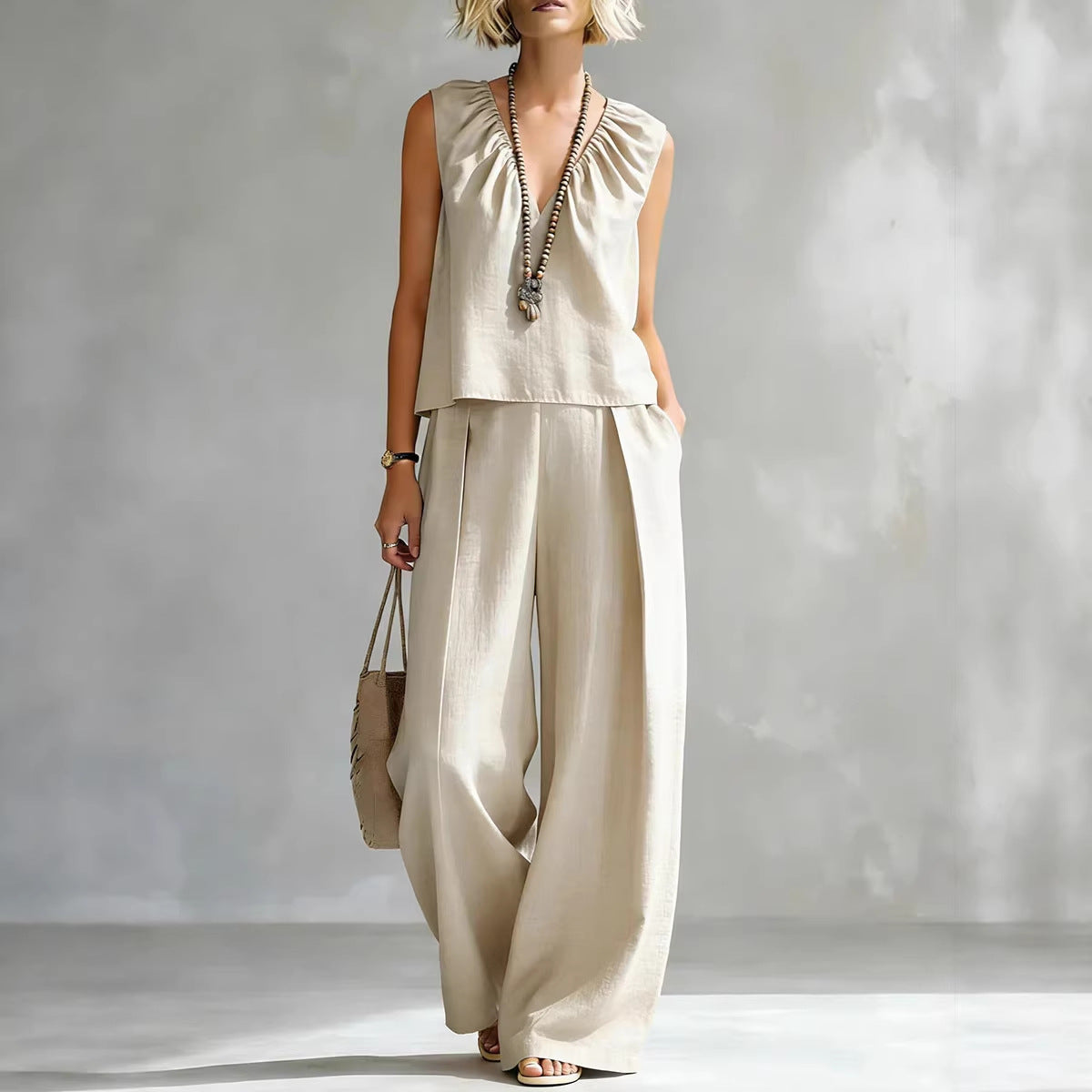 Women's Sleeveless Cotton-Linen Shirt & Pants Set – Urban 2-Piece FitiqueFit