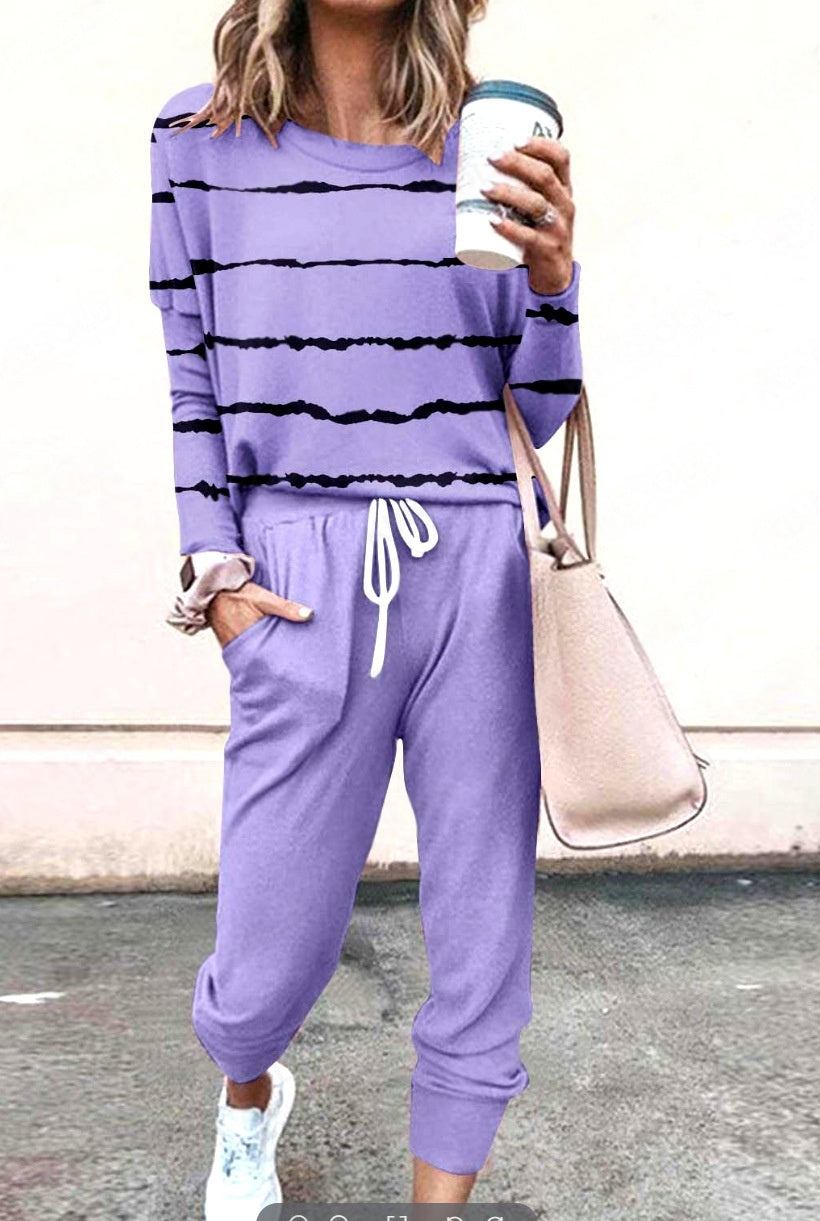 Women's Long Sleeve T-Shirt & Pencil Pants Set – Loose Fit, Striped & Solid FitiqueFit