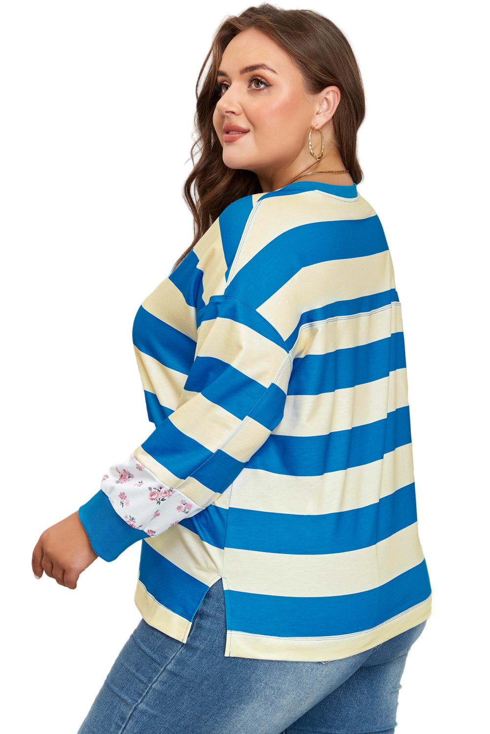 Blue Stripe Floral Color Block Drop Shoulder Plus Size Pullover Top Garden Naked Curves