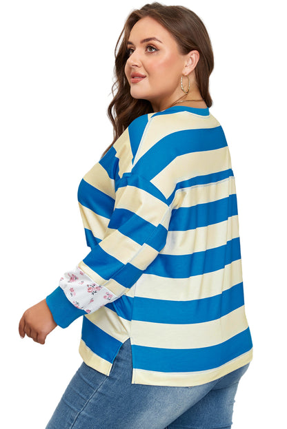 Blue Stripe Floral Color Block Drop Shoulder Plus Size Pullover Top Garden Naked Curves