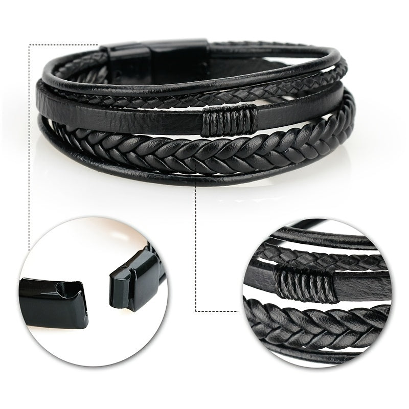 [Stylish Leather Bracelet] Stylish Durable 1pc Men's Hand-Woven Multi-Layer Leather Bracelet | with Buckle Closure, Versatile Accessory for Casual or Formal Wear NovaCart