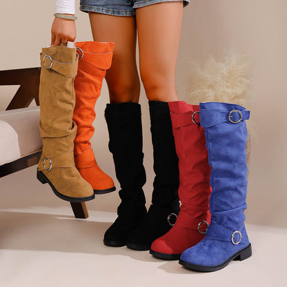 Pleated Flat-Bottom Western Cowboy Boots with Belt Buckle FitiqueFit