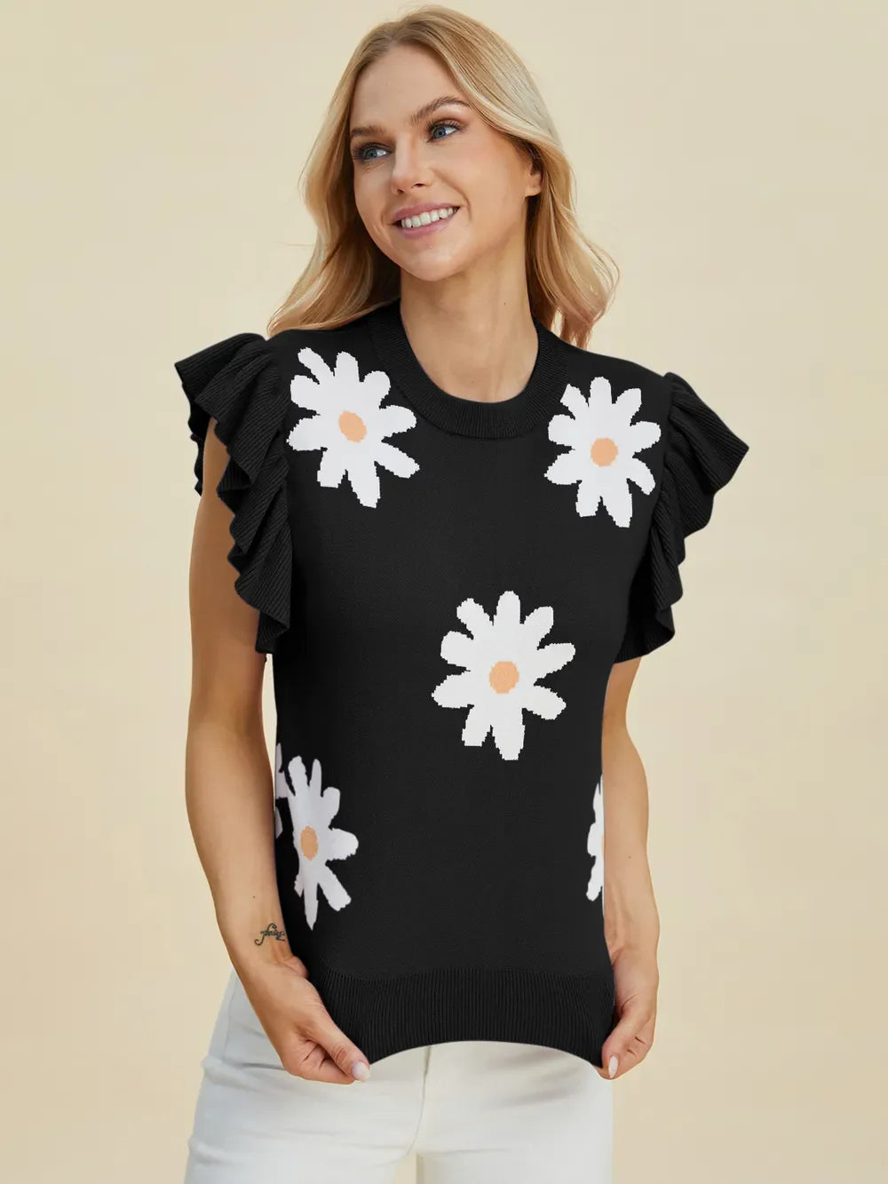Double Take Full Size Ruffled Flower Round Neck Cap Sleeve Sweater New Era Fashion LLc