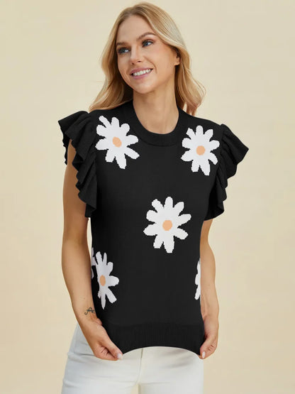 Double Take Full Size Ruffled Flower Round Neck Cap Sleeve Sweater New Era Fashion LLc