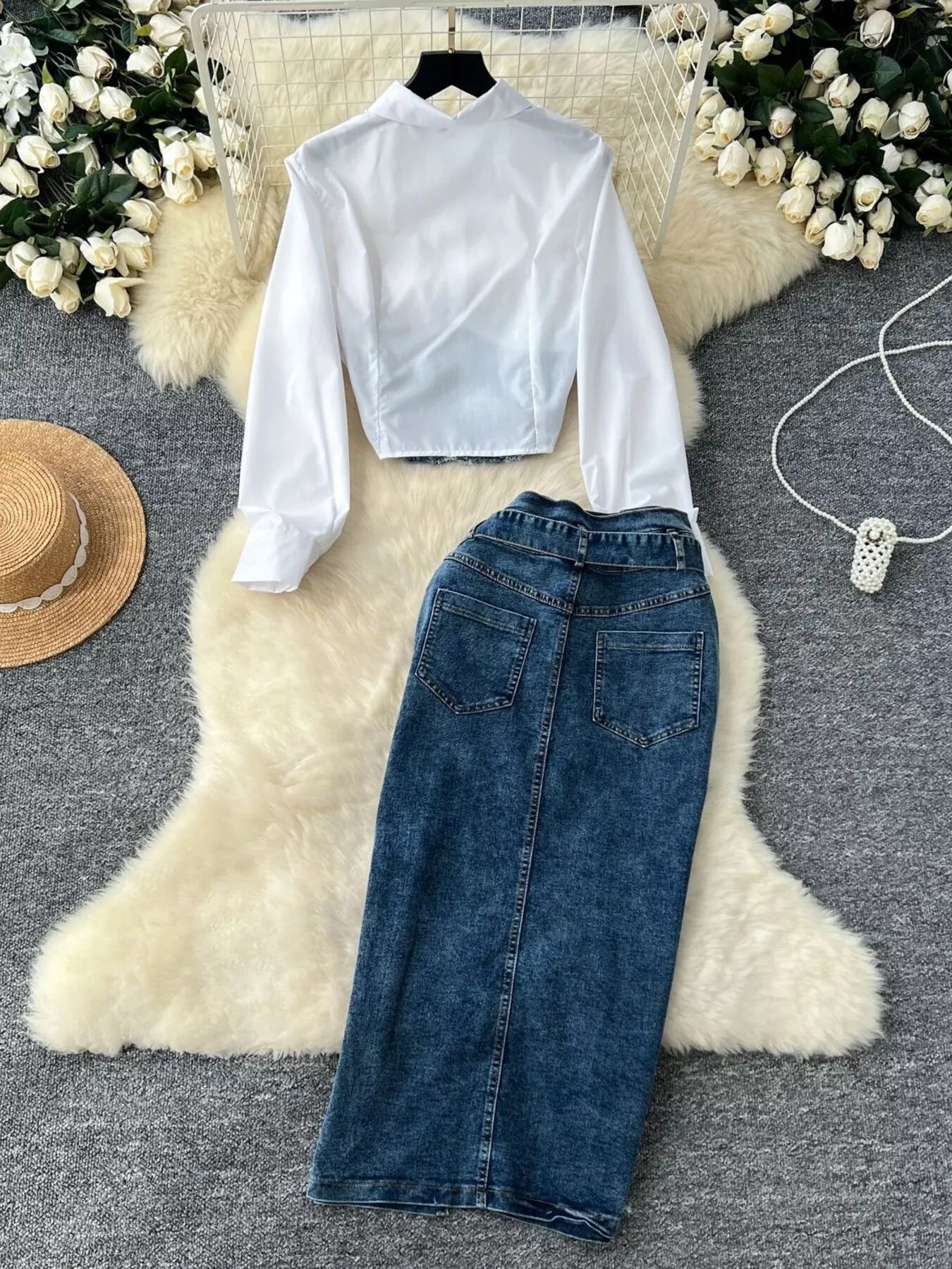 Frayed Denim Patchwork Top & Slit Maxi Skirt Denim Set New Era Fashion LLc