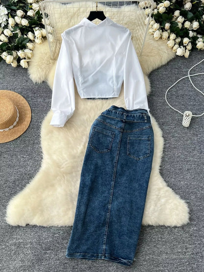 Frayed Denim Patchwork Top & Slit Maxi Skirt Denim Set New Era Fashion LLc