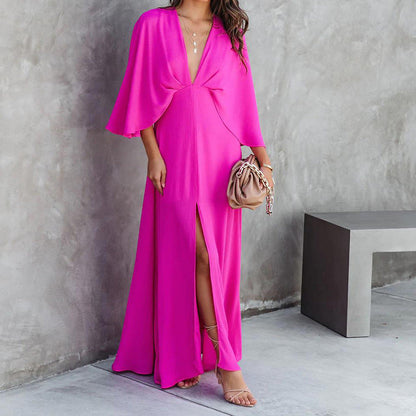 Women's Solid Color And V-neck Bat Sleeve High Waist Dress See size chart under “more details” The Fashion Celestial