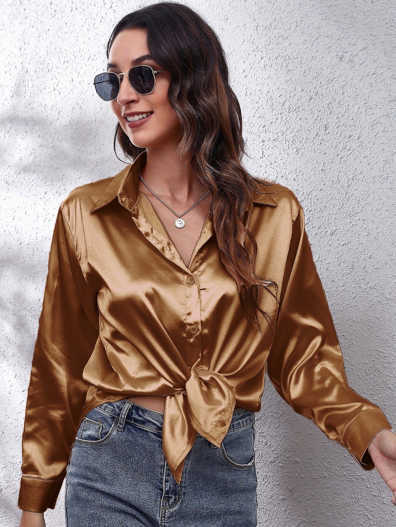 Hot Style In-Kind Shooting Satin Shirt Women'S Satin Imitation Long-Sleeved Shirt New European And American Cross-Border Women'S Clothing NovaCart