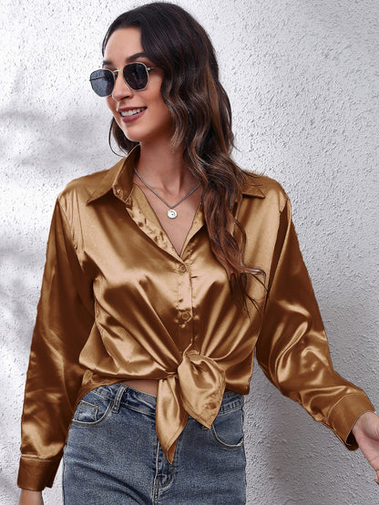 Hot Style In-Kind Shooting Satin Shirt Women'S Satin Imitation Long-Sleeved Shirt New European And American Cross-Border Women'S Clothing NovaCart
