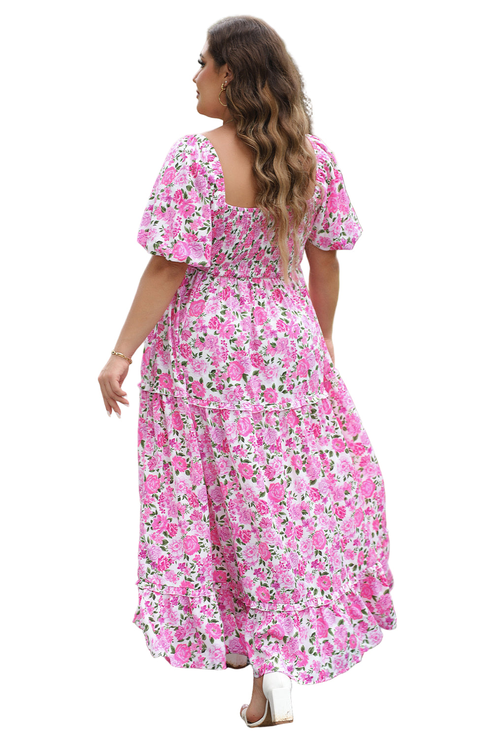 Pink Plus Size Floral Print Smocked Puff Sleeve Dress Garden Naked Curves