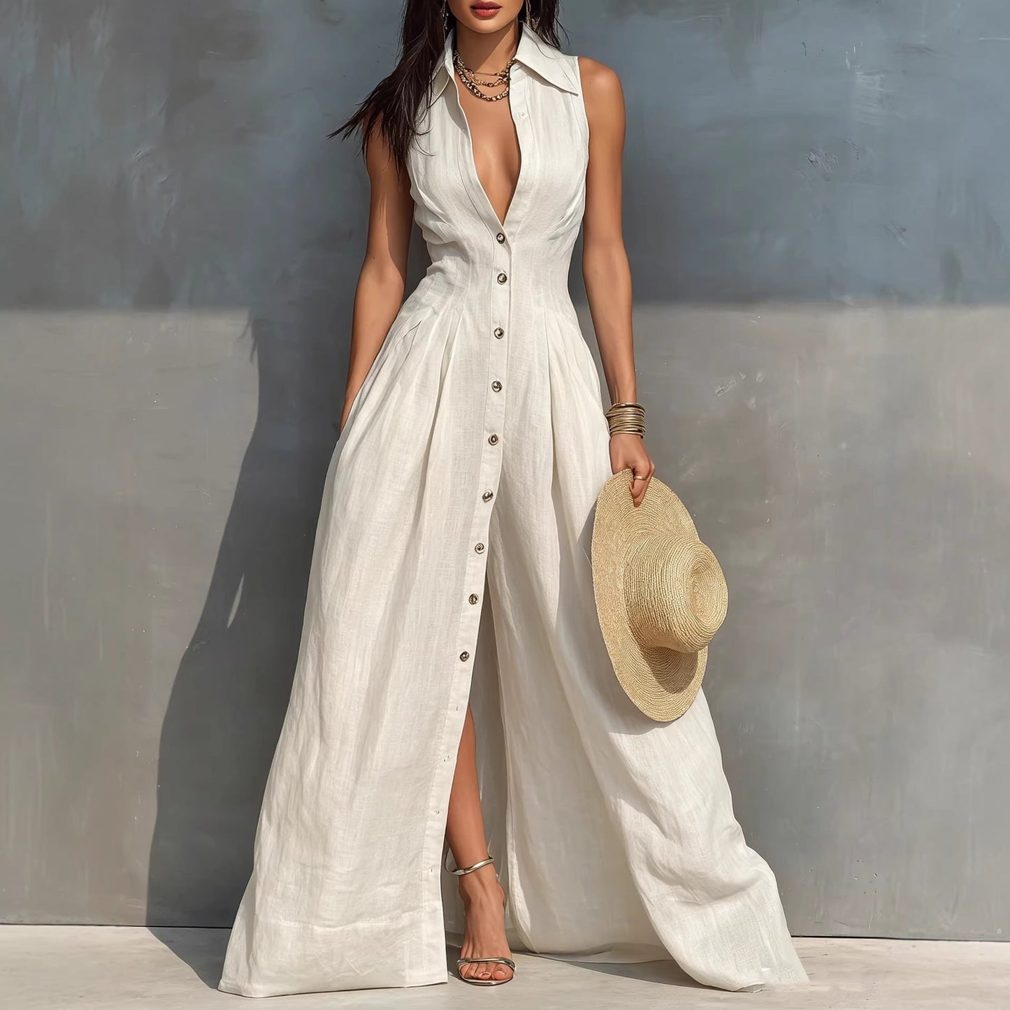 Women's High-Waist Lapel Shirt Maxi Dress – Elegant & Versatile FitiqueFit