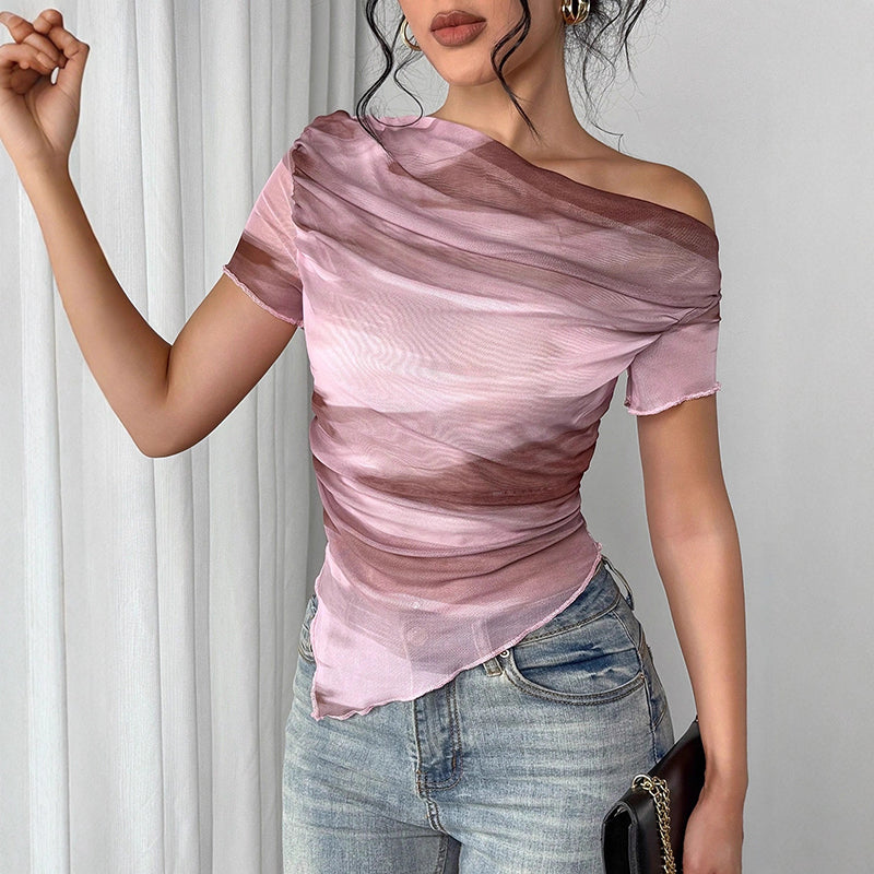 Women’s Tie-Dye One-Shoulder Mesh Ruched Top – Asymmetrical Stretch Tee for Going Out FitiqueFit