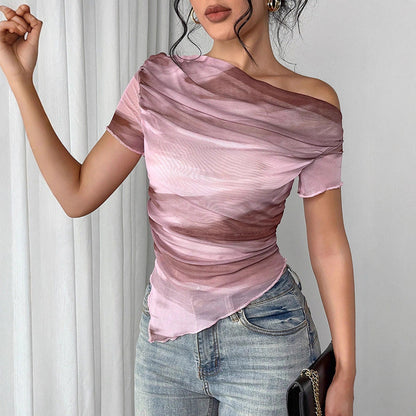 Women’s Tie-Dye One-Shoulder Mesh Ruched Top – Asymmetrical Stretch Tee for Going Out FitiqueFit