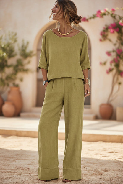 Women's Cotton Linen Resort Set – Short Sleeve Top & Wide-Leg Pants FitiqueFit