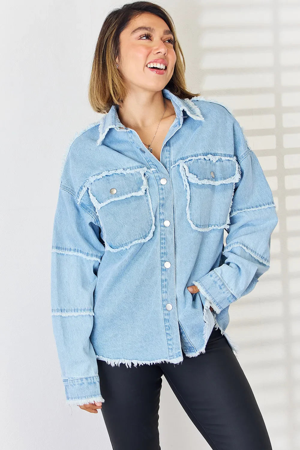 PEACE Raw Hem Dropped Shoulder Denim Top New Era Fashion LLc
