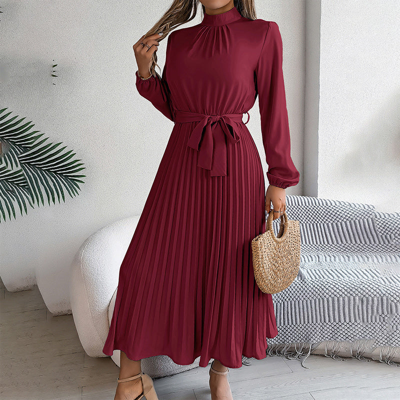 Elegant High Neck Long Sleeve Pleated Maxi Dress - Solid Color Flowy Dress For Women, Casual To Formal Wear Grayceful LLC
