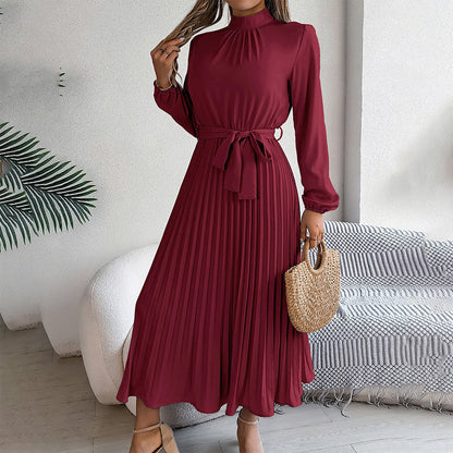 Elegant High Neck Long Sleeve Pleated Maxi Dress - Solid Color Flowy Dress For Women, Casual To Formal Wear Grayceful LLC