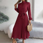Elegant High Neck Long Sleeve Pleated Maxi Dress - Solid Color Flowy Dress For Women, Casual To Formal Wear Grayceful LLC