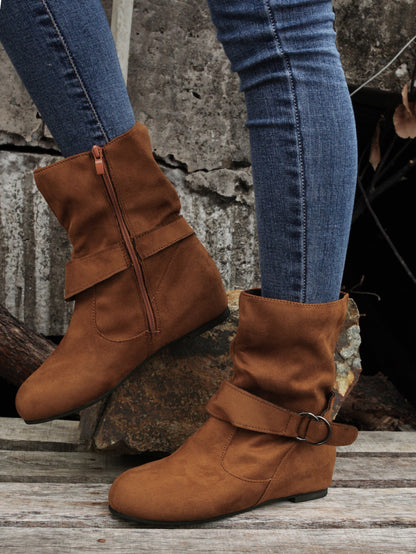 Ankle Boots  Round Toe Buckle Belt Side Zipper Boots