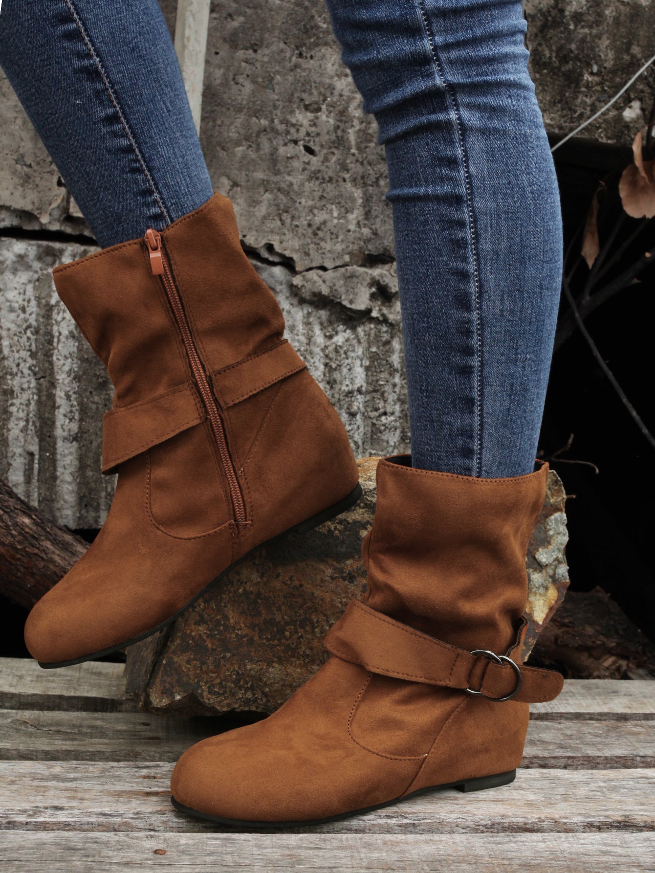 1.18inch Inner Height Increase Women's Short Boots with Flat Sole, Buckle Closure, Comfortable, Warm, and Lightweight, Women Shoes NovaCart