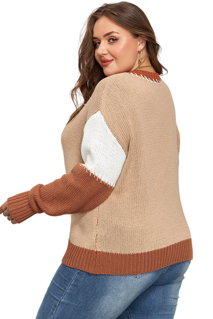 Light French Beige Contrast Stitch Detail Color Block Knitted Plus Size Sweater Garden Naked Curves