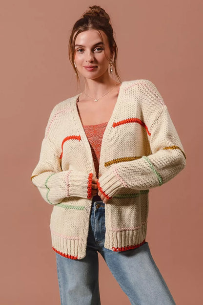 SO ME Loose Fit Multi Stripe Open Front Cardigan FitiqueFit