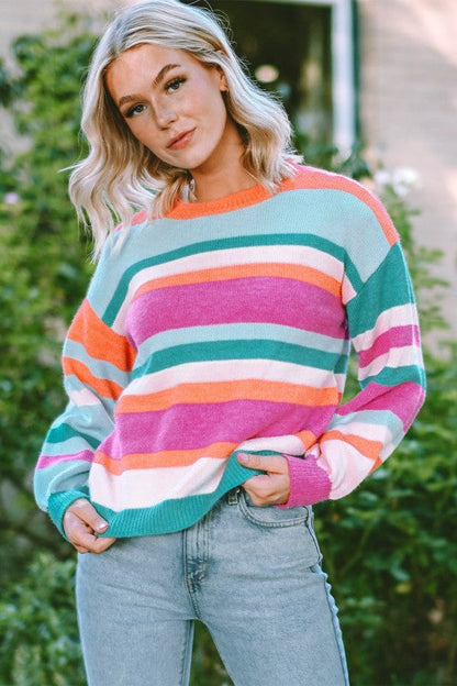 Stripe Knit Drop Shoulder Puff Sleeve Sweater Shop Style & More | Fresh Looks, Everyday Deals & Free Shipping