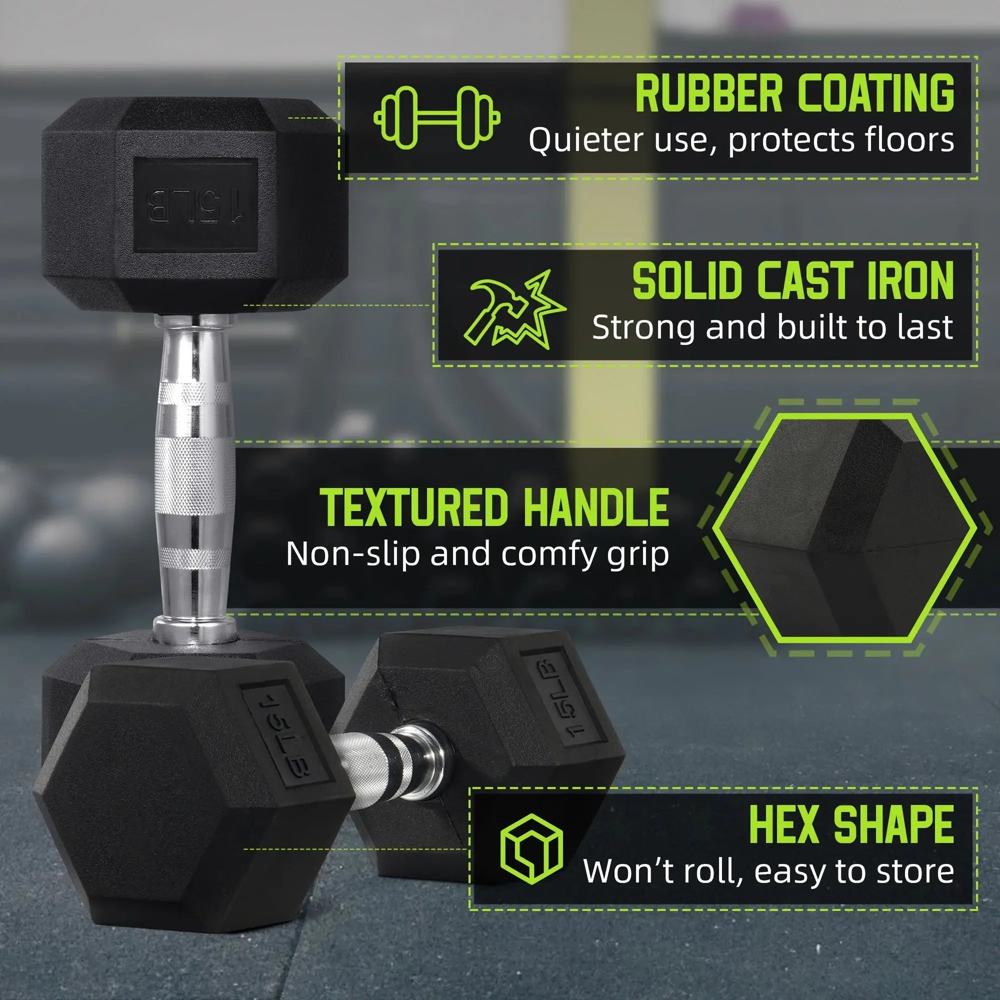 Rubber Encased Hex Dumbbell, Black, 15 Lb