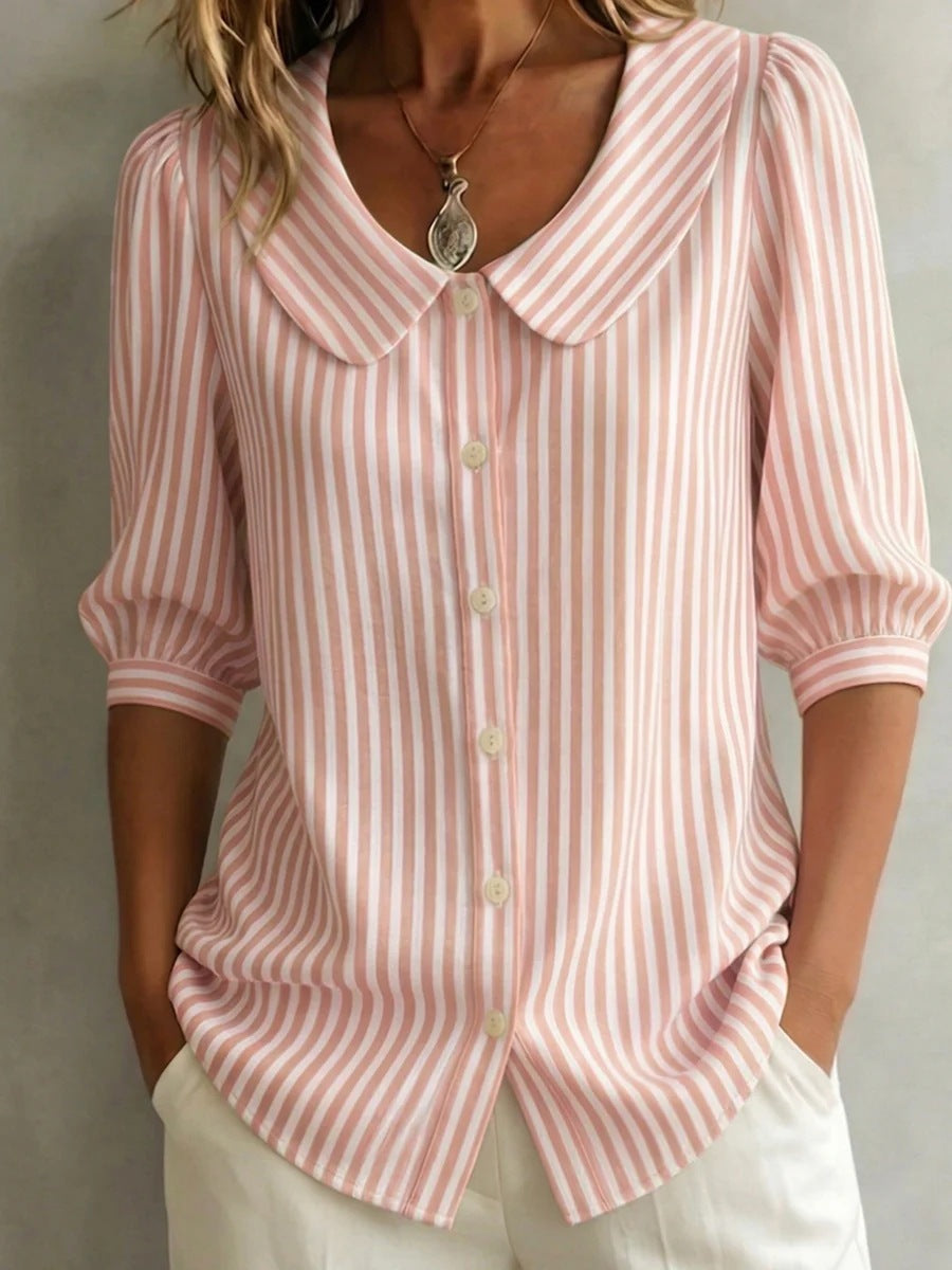 Striped V-Neck Top – Three-Quarter Sleeve Casual Shirt FitiqueFit