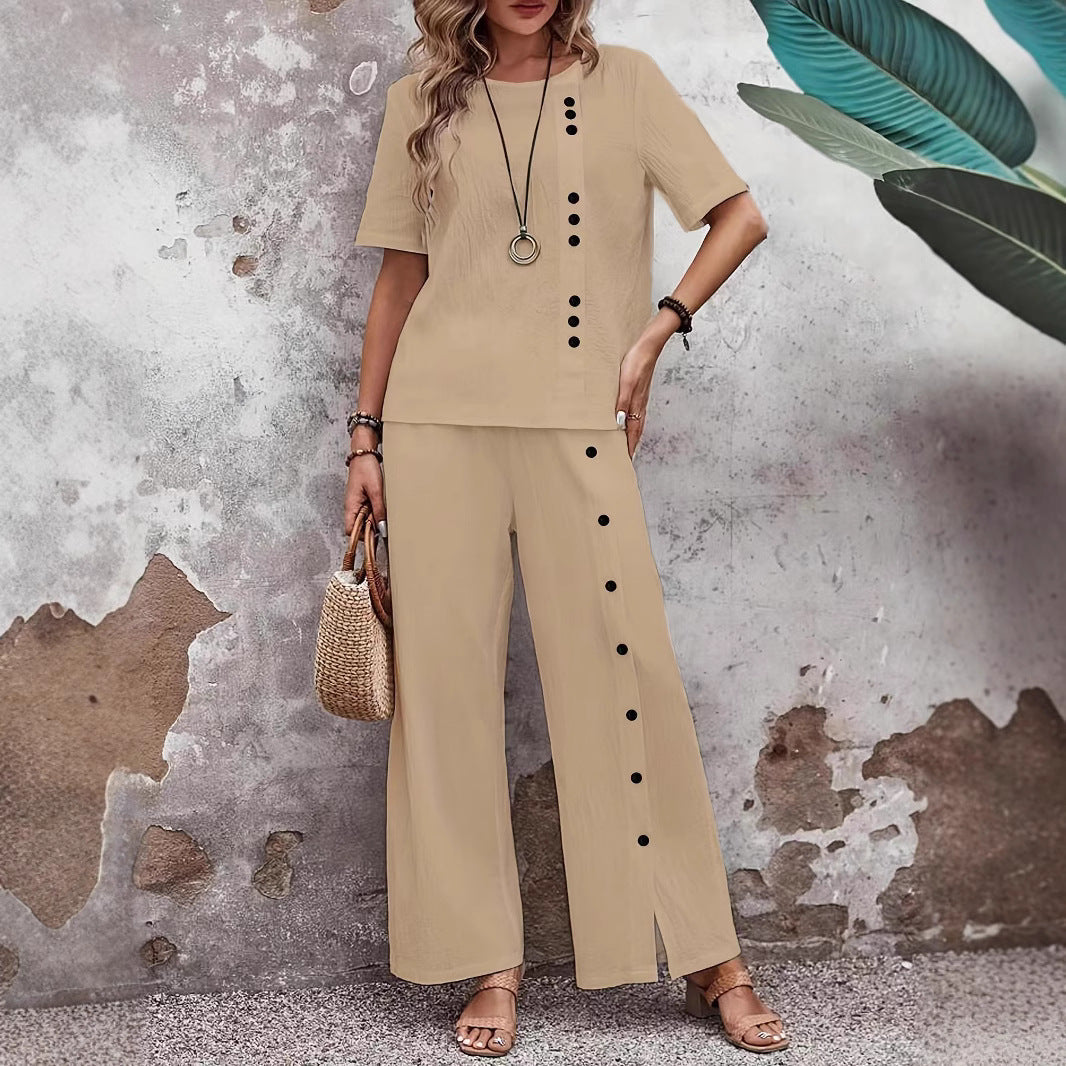 Women’s Button-Up Top and Loose Fit Two Piece Linen Set FitiqueFit
