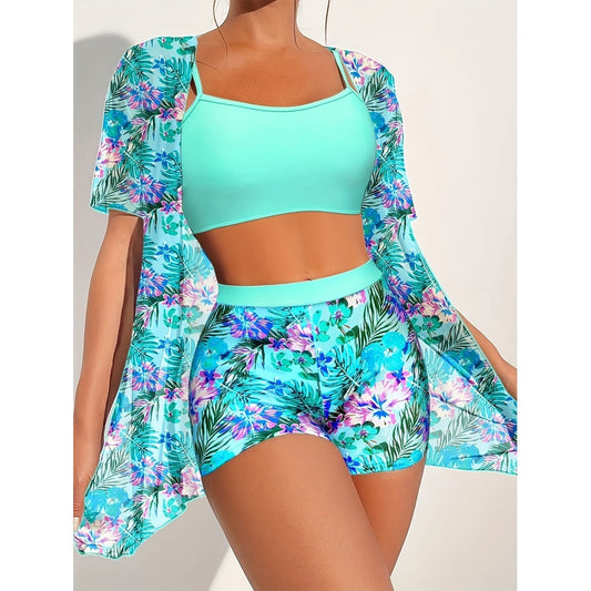 Printed High‑Waist Slimming Bikini Three‑Piece Set FitiqueFit
